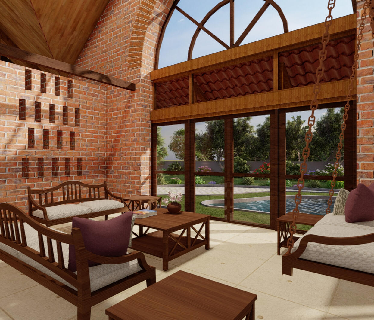 The living room with full height windows blurs the boundaries between the outside and the inside.