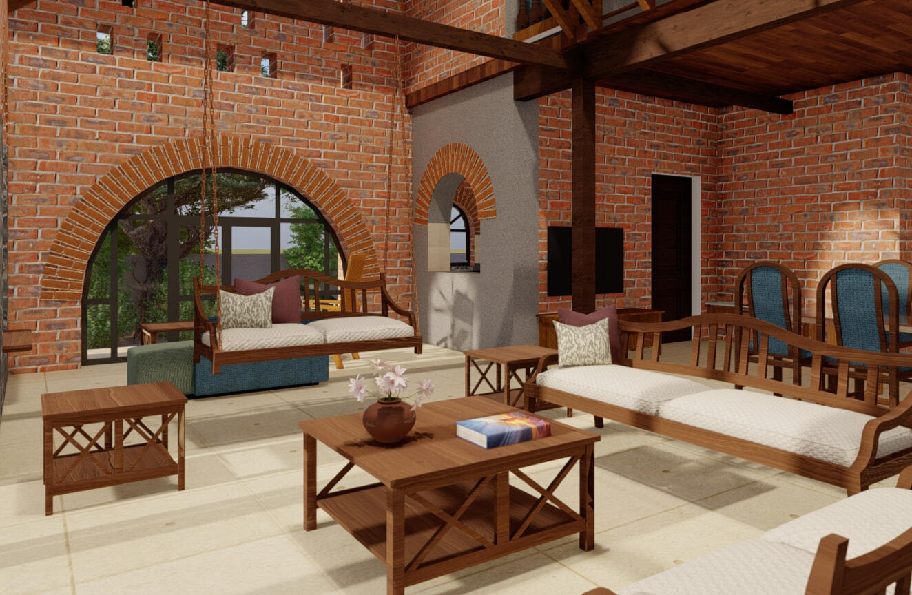 Interior views of the farmhouse features the rustic exposed brickwork walls with solid wood furniture.